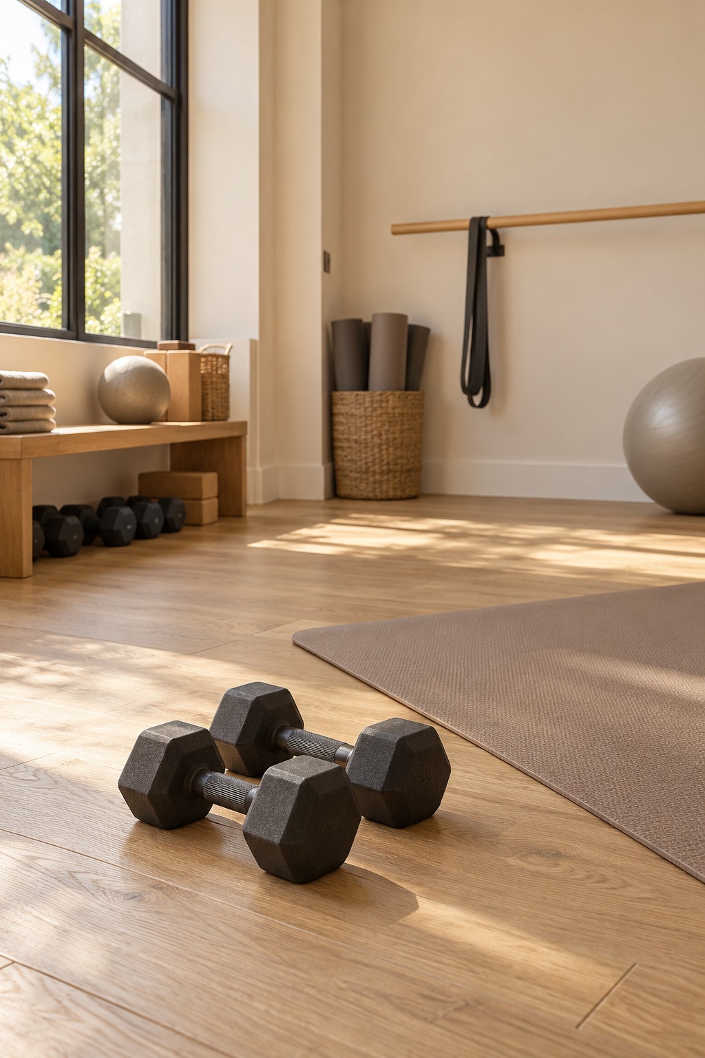 Estudio luminoso con mancuernas, esterilla y barra de entrenamiento